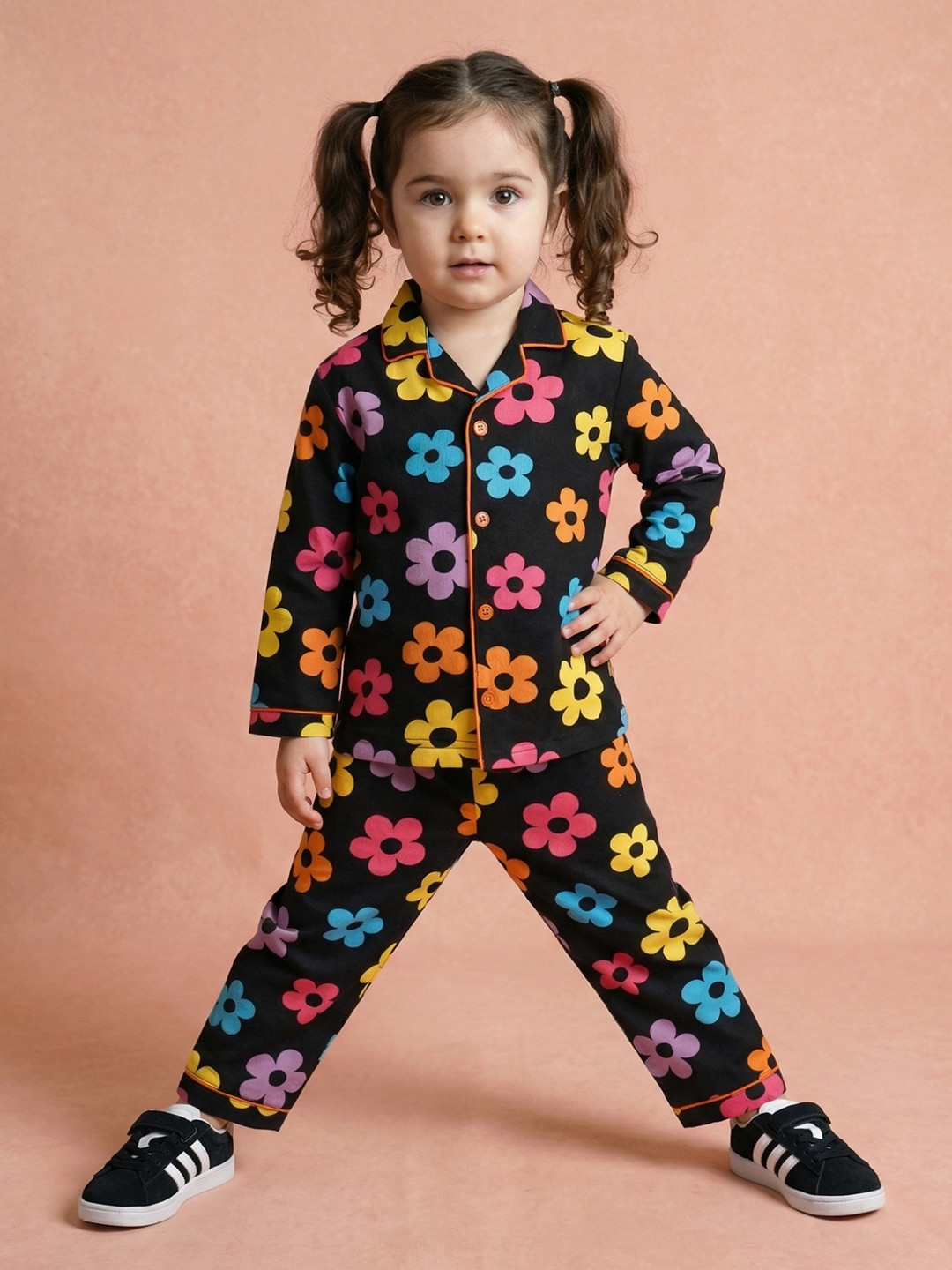 CLAP Girls Full Sleeves Cotton Black Flower Printed Night Suit