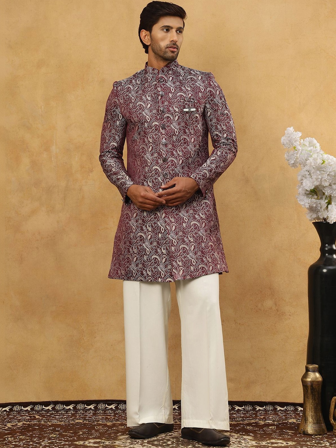 Jompers Self Design Mandarin Collar Sherwani