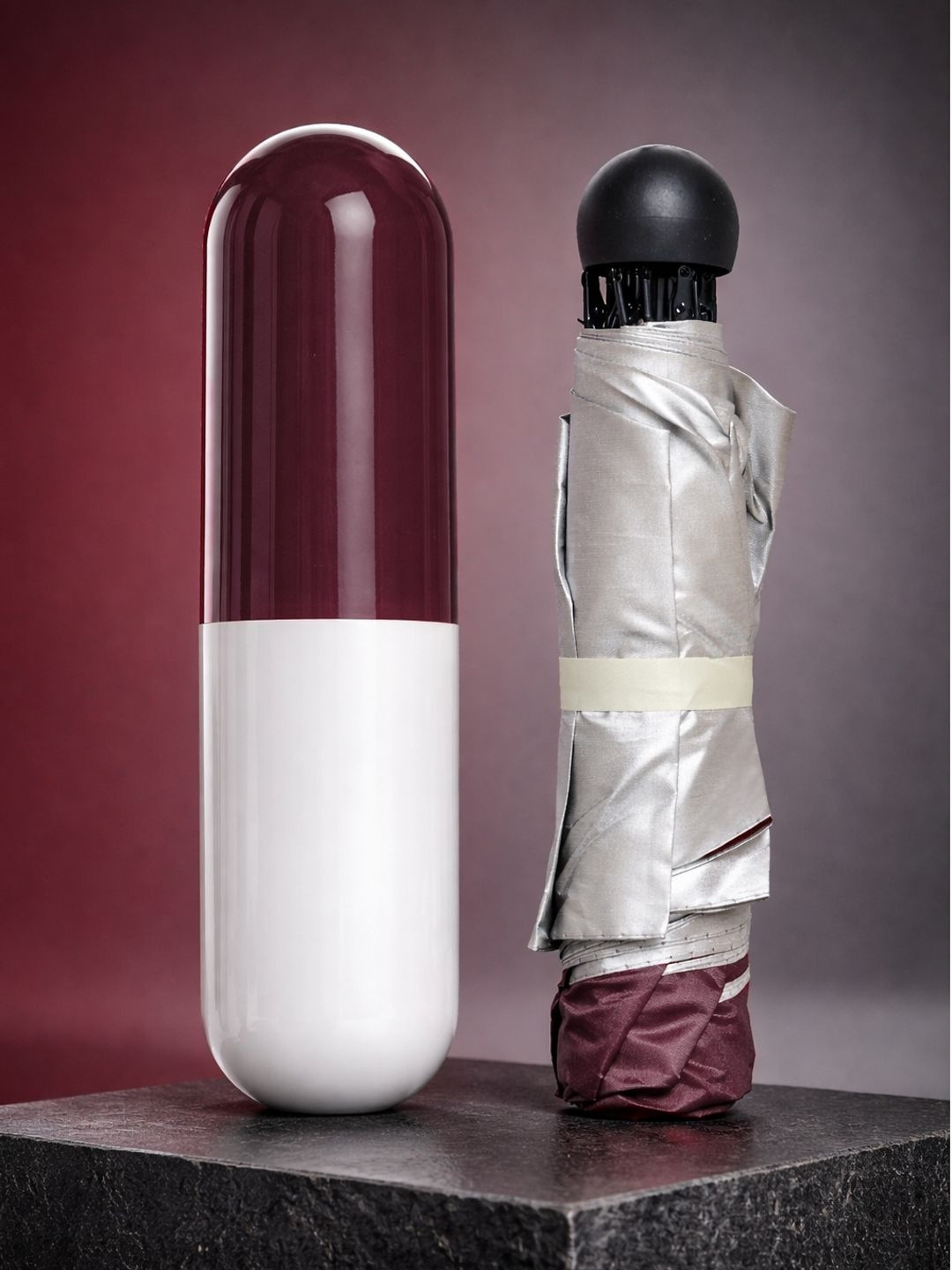 FABINALIV Maroon Solid 3 Fold Waterproof Compact Capsule Umbrella