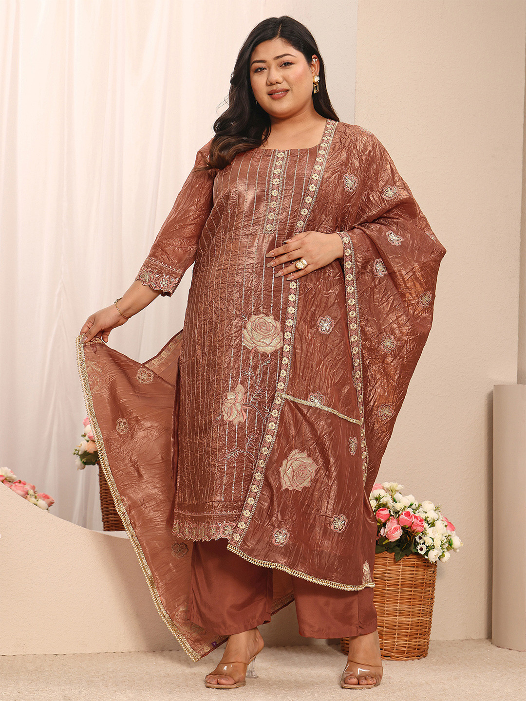 EXTRA LOVE BY LIBAS Plus Size Women Floral Regular Kurta with Trousers & With Dupatta