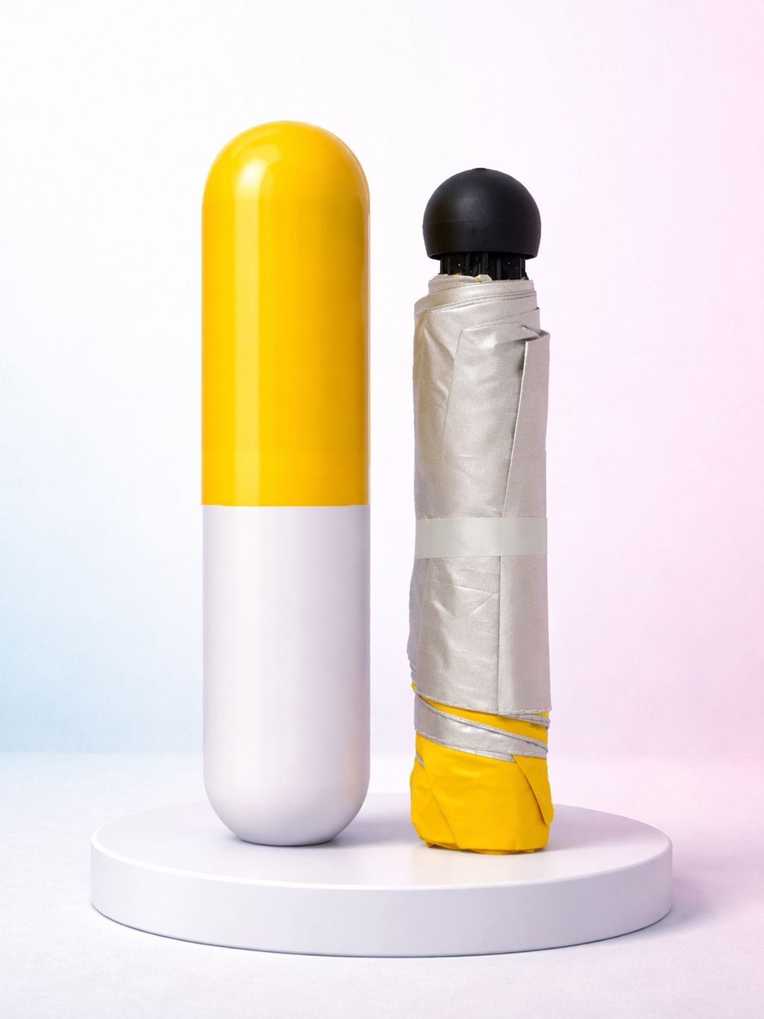 FABINALIV Yellow Solid 3 Fold Waterproof Compact Capsule Umbrella