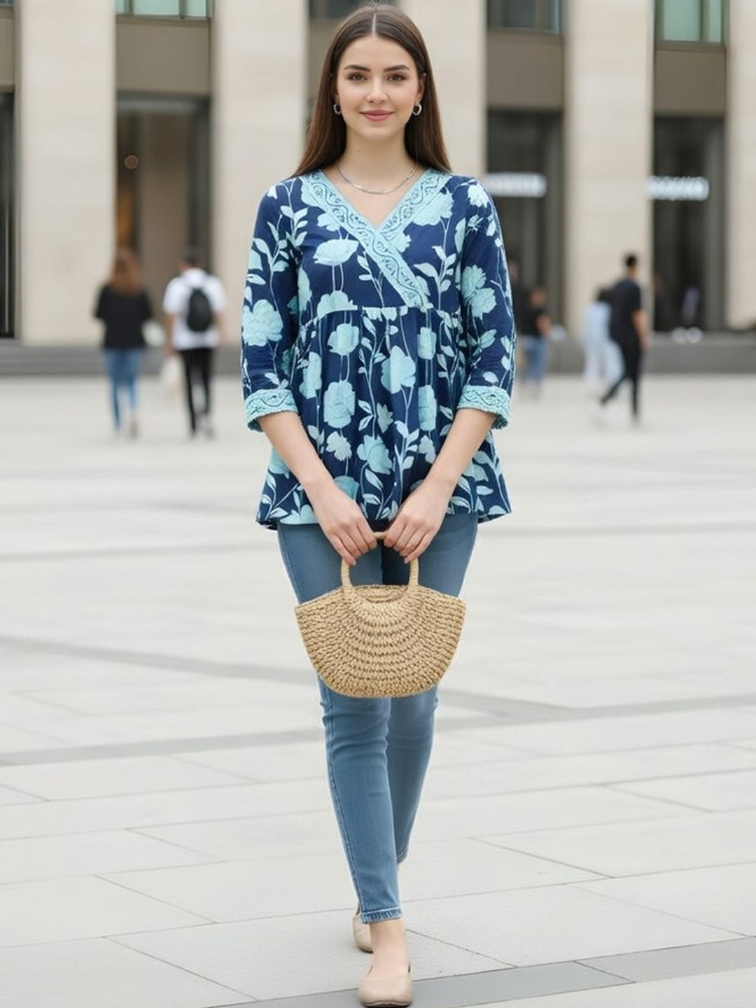 KALINI Floral Printed V-Neck Pure Cotton Blend Kurti