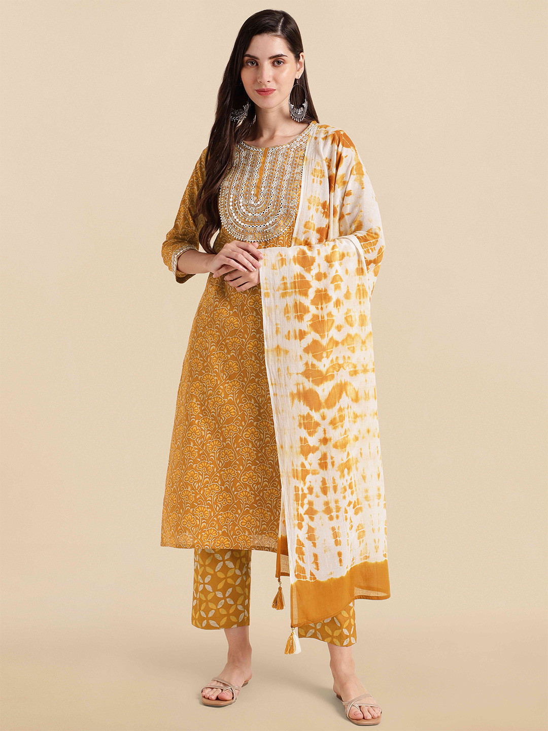 KALINI Mustard Floral Print Thread Work Pure Cotton Kurta with Trousers & Dupatta