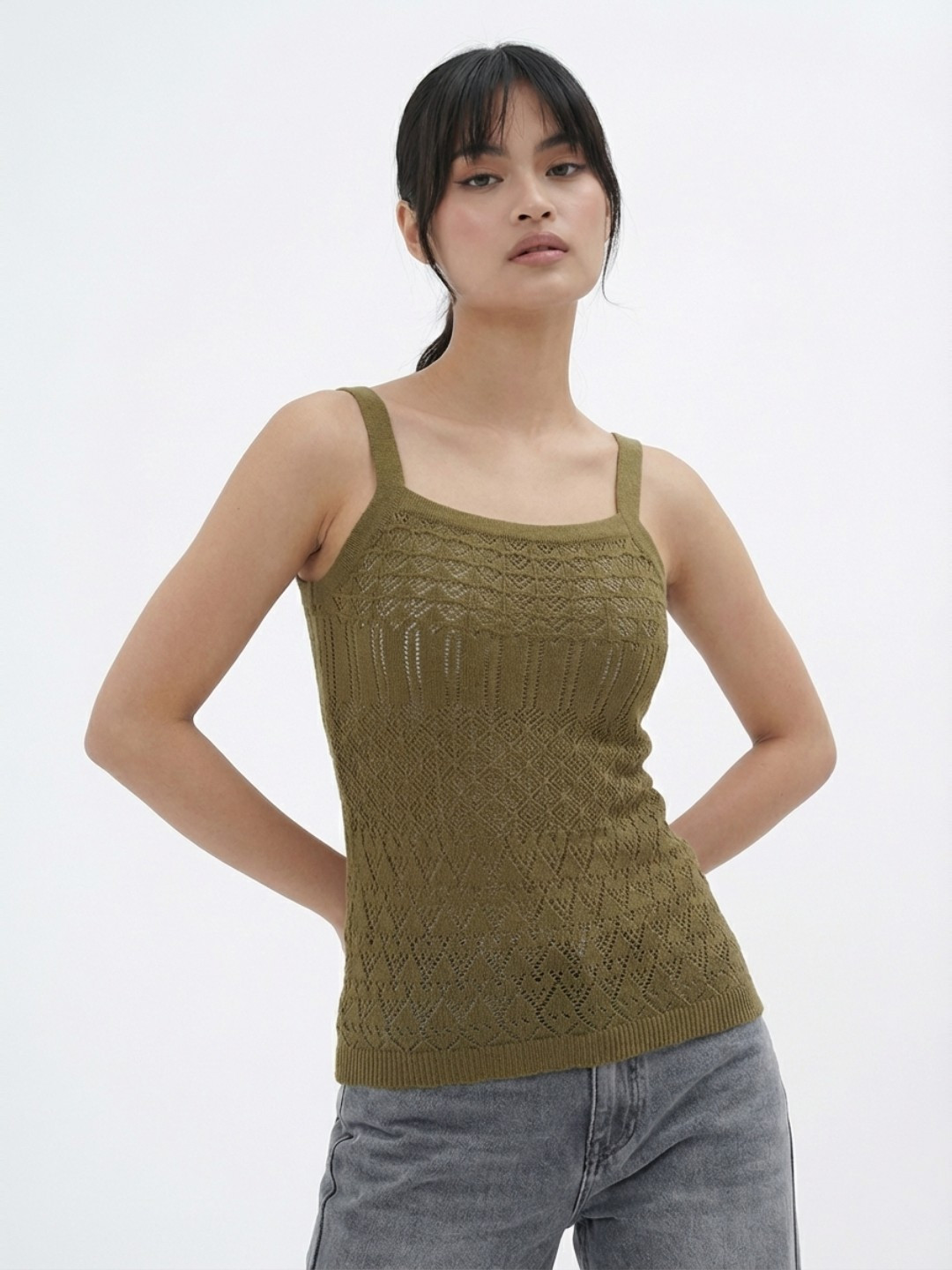 glitchez Self Design Shoulder Straps Pure Cotton Fine Knit Top