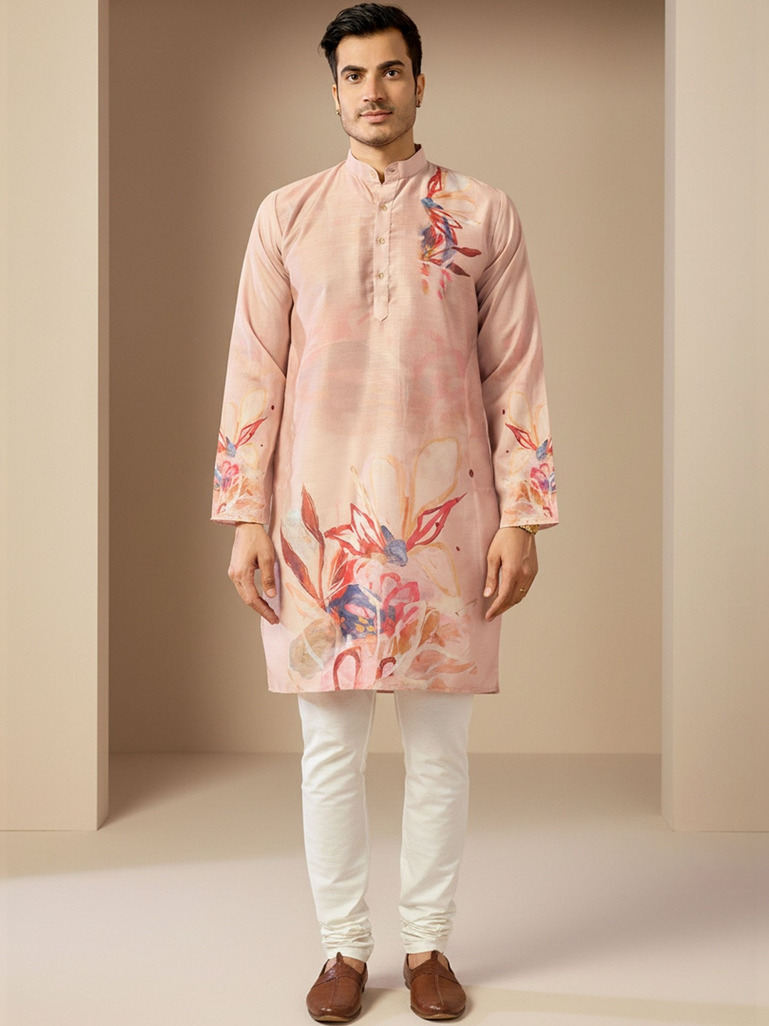 INDIROOP Floral Printed Mandarin Collar Pure Cotton Straight Kurta