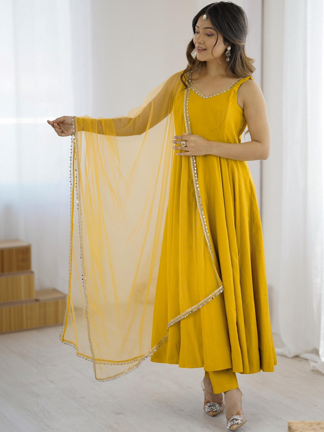 HERE&NOW Women Pleated Chanderi Silk Kurta with Trousers & With Dupatta