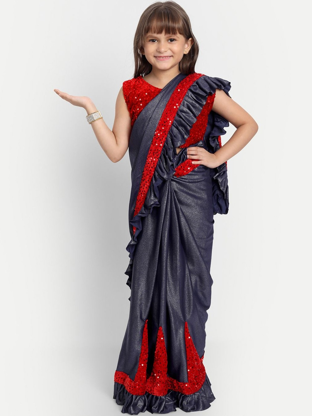 Sangria Girls Embellished Ruffles Sarees