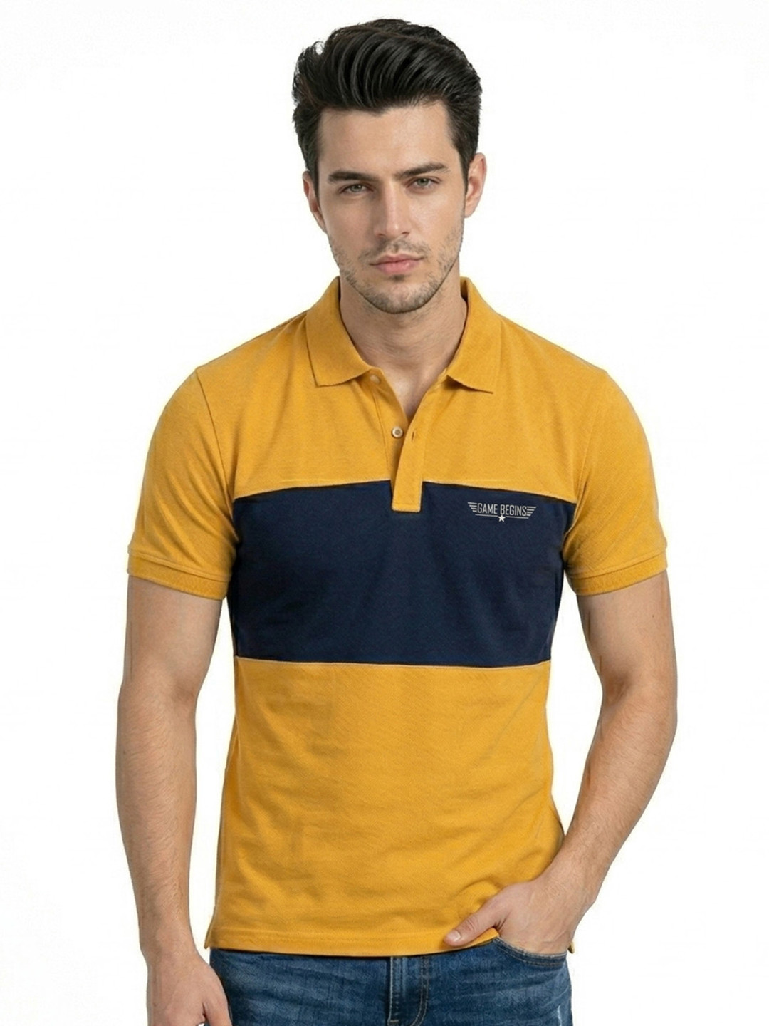 Here&Now X Game Begins Men Brand Logo Colourblocked Polo Collar T-shirt