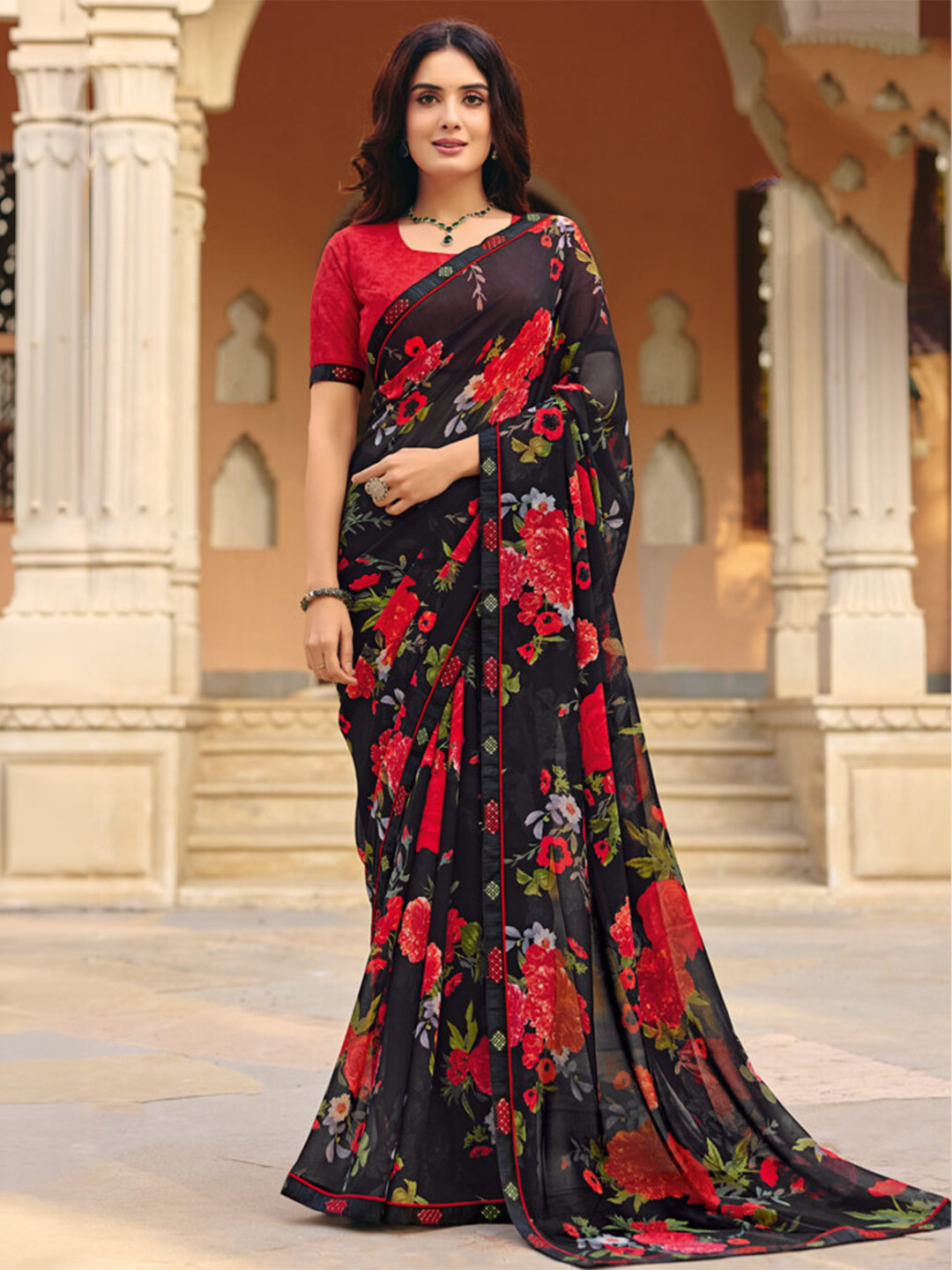 Vishal Prints Charcoal Black Printed Georgette Fancy Border Sarees
