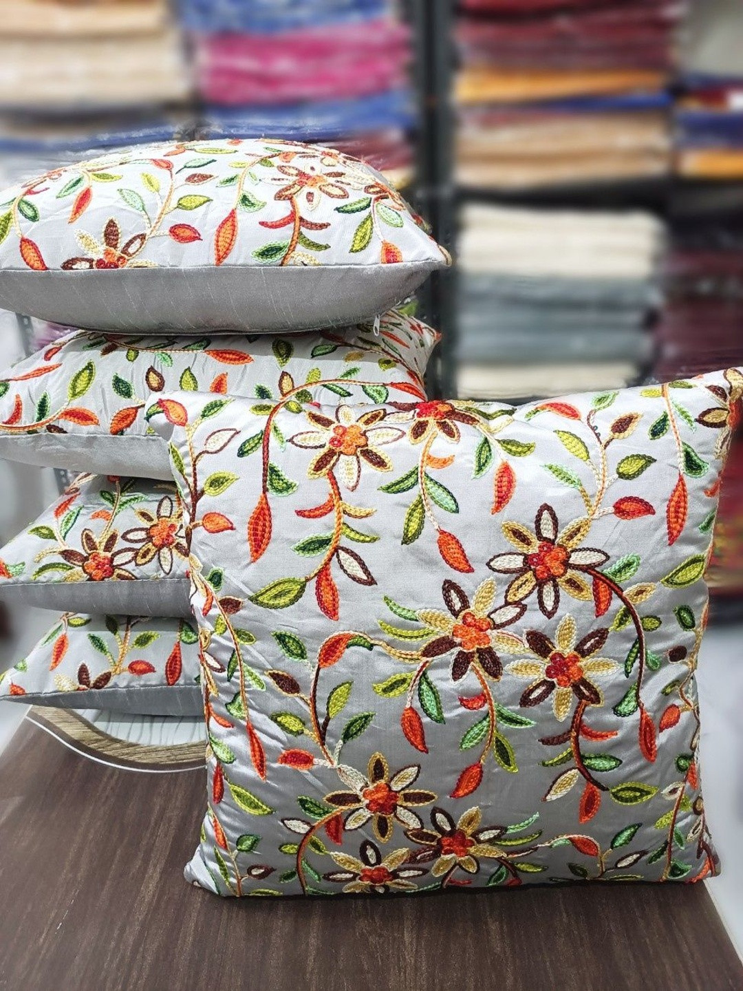 LOFEY Silver-Toned Set of 5 Embroidered Square Cushion Covers