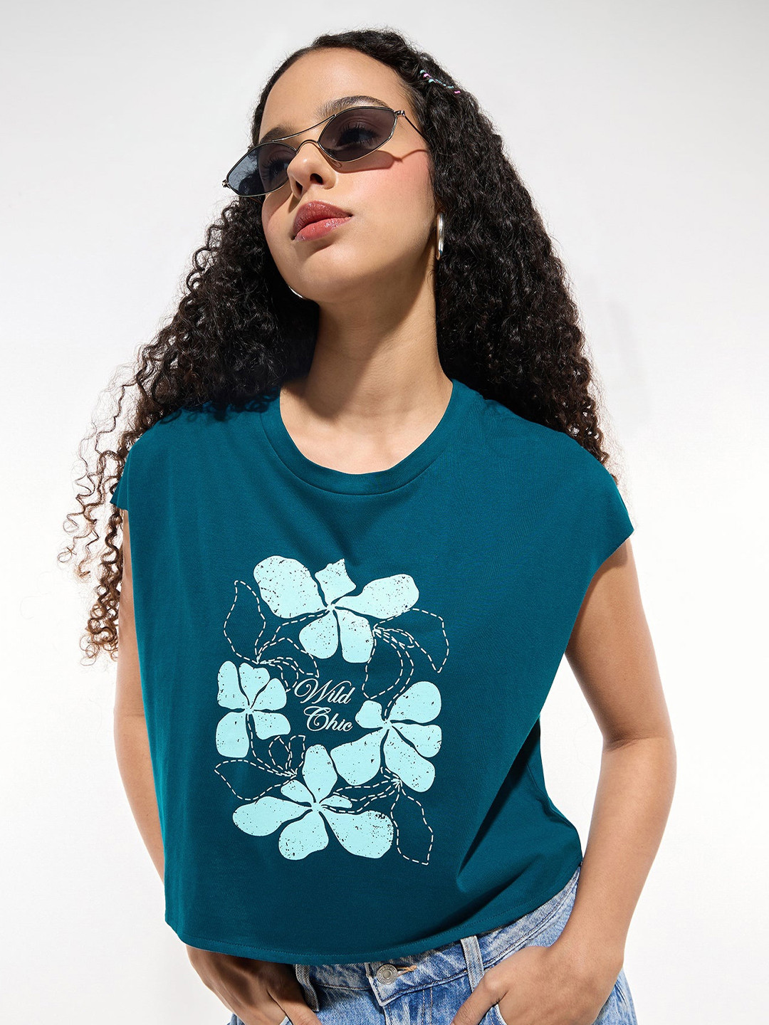 Outzidr Women Floral Printed Round Neck Cotton Boxy T-shirt