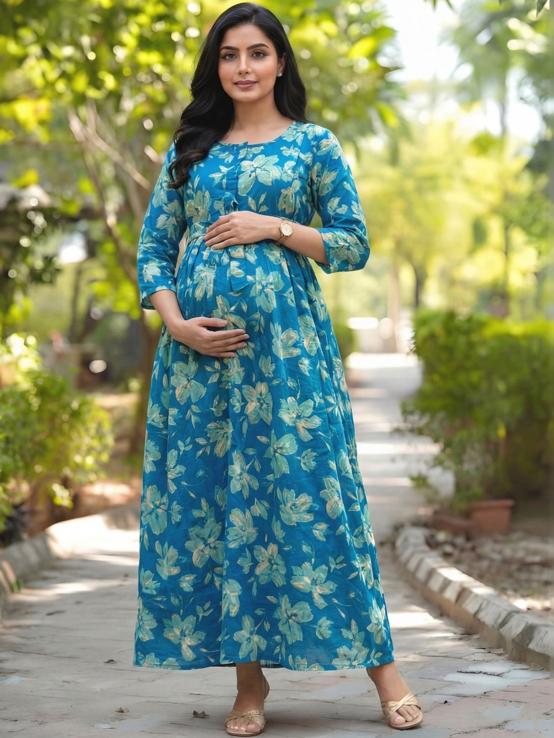Asenne Floral Printed Cotton Maternity Maxi Dress with Both Side Feeding Zip