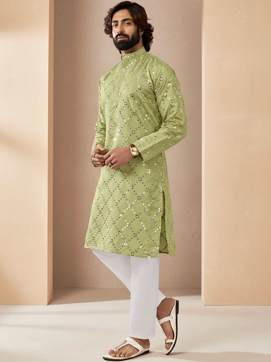 INDIROOP Men Geometric Printed Mandarin Collar Regular Sleeves Chikankari Kurta
