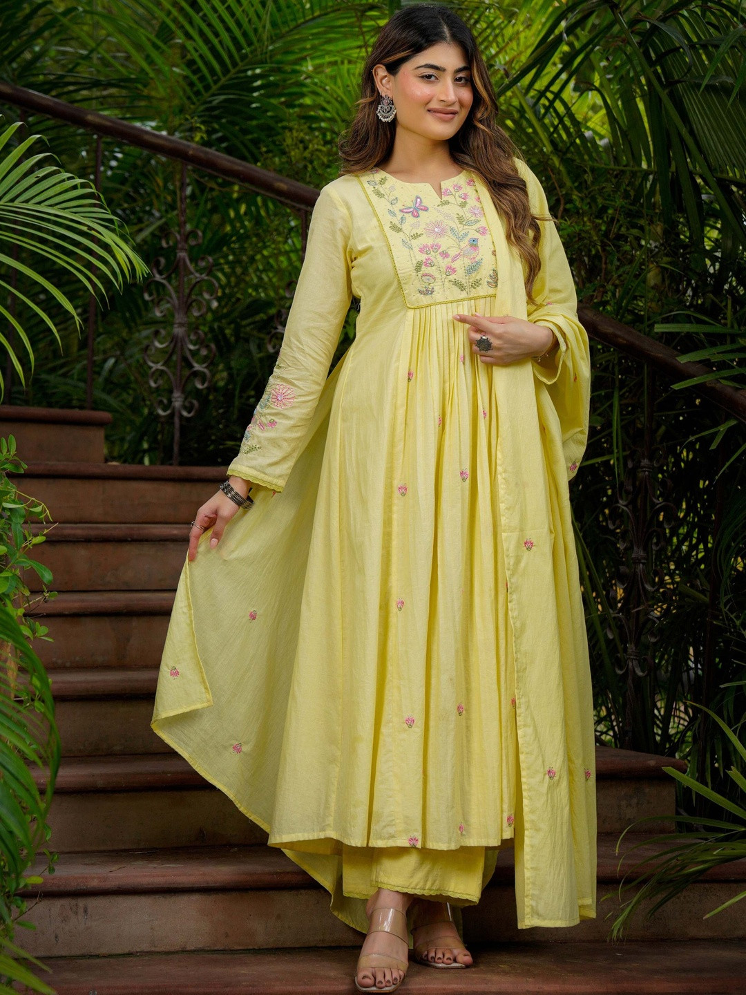 HERE&NOW Women Embroidered Regular Kurta with Trousers & With Dupatta