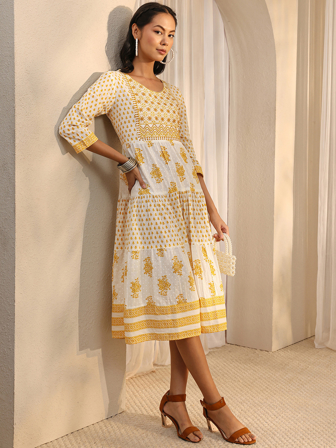 Libas White Multi Printed Cotton Fit-And-Flare One Piece Dress