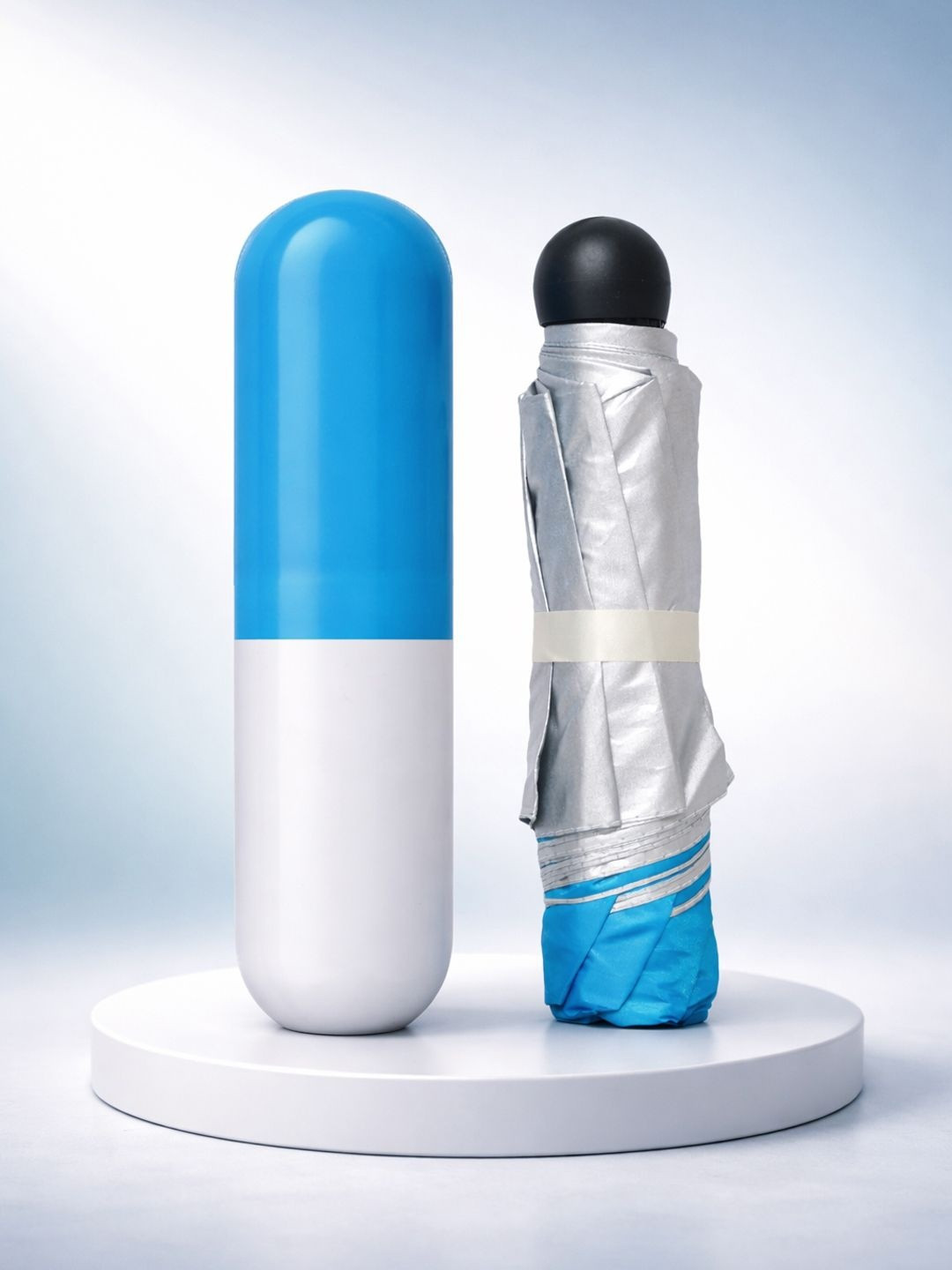 FABINALIV Blue Solid 3 Fold Waterproof Compact Capsule Umbrella
