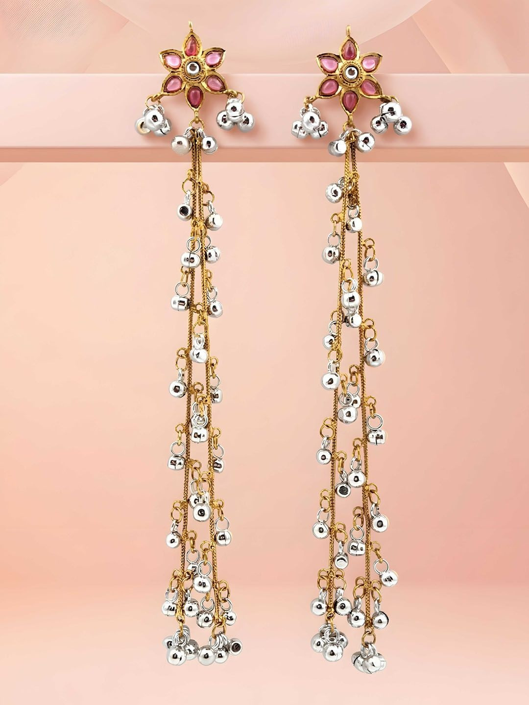 ADIVA Gold-Plated Pink Stone Studded Floral Long Chain kashmiri Drop Earrings
