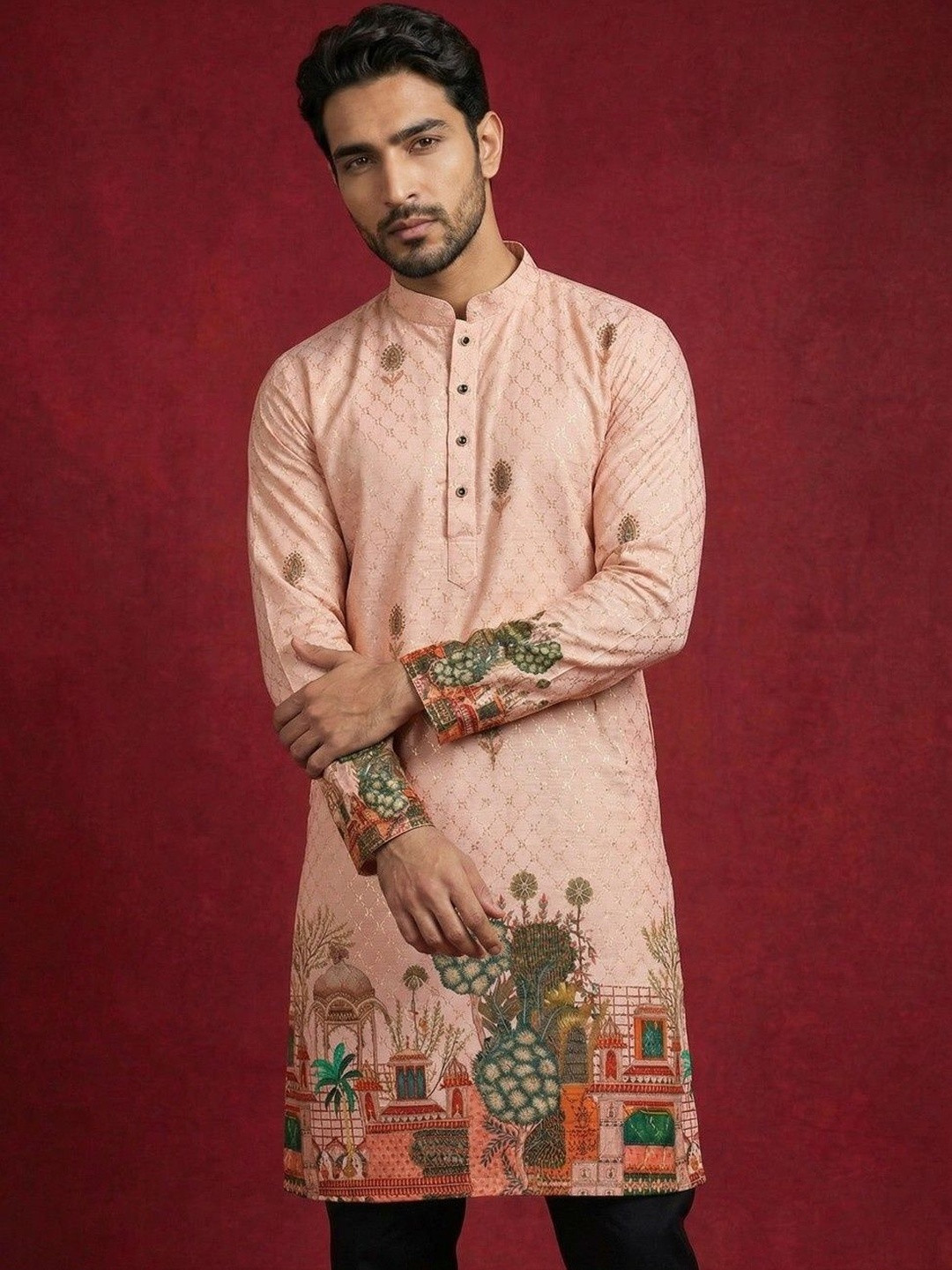 Dincharya Men Ethnic Motifs Printed Sequinned Kurta