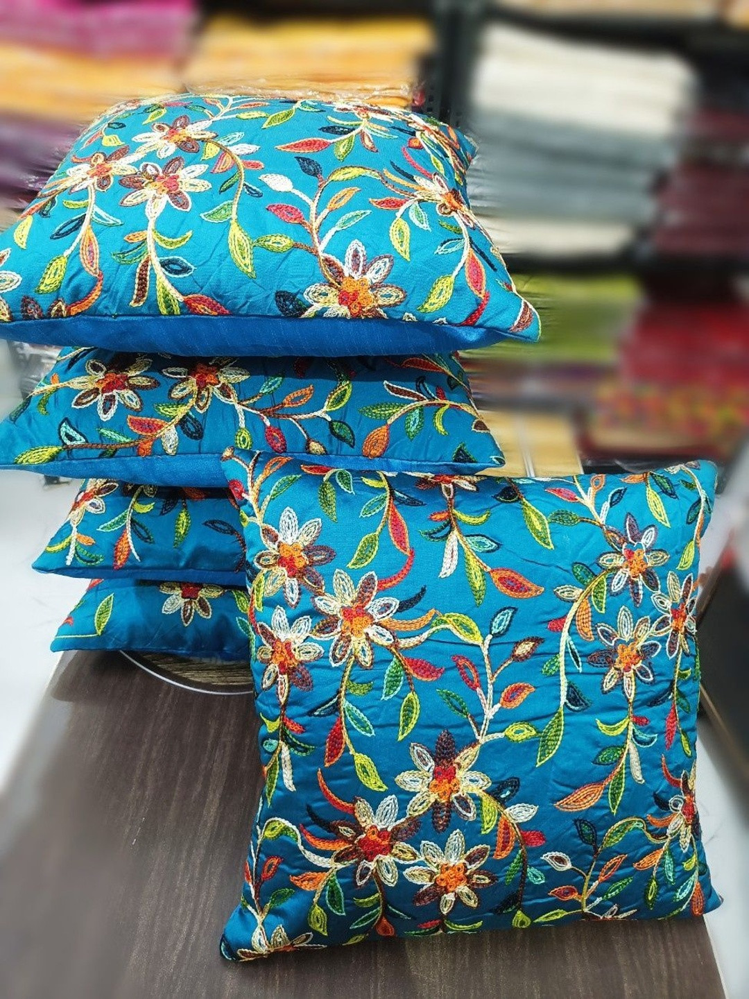 LOFEY Blue Set of 5 Embroidered Square Cushion Covers