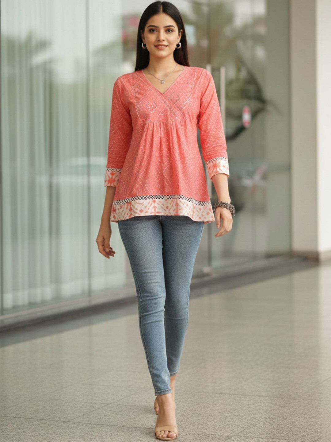 KALINI Floral Printed V-Neck Pure Cotton Blend Kurti