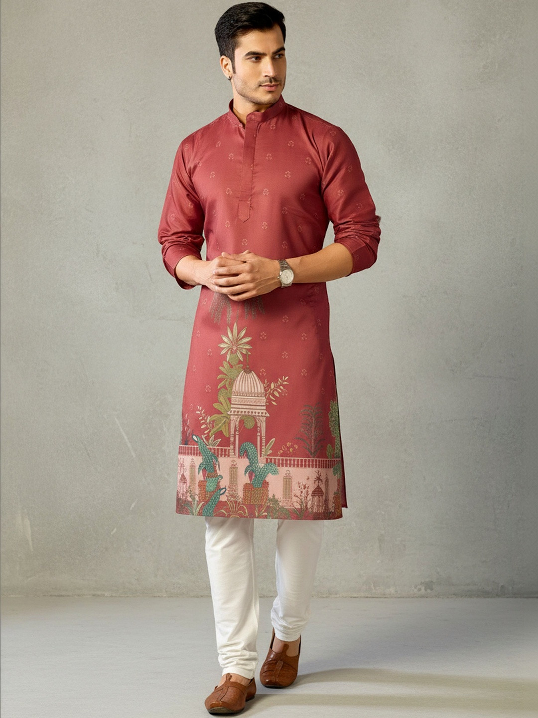 INDIROOP Men Geometric Printed Mandarin Collar Regular Sleeves Kurta