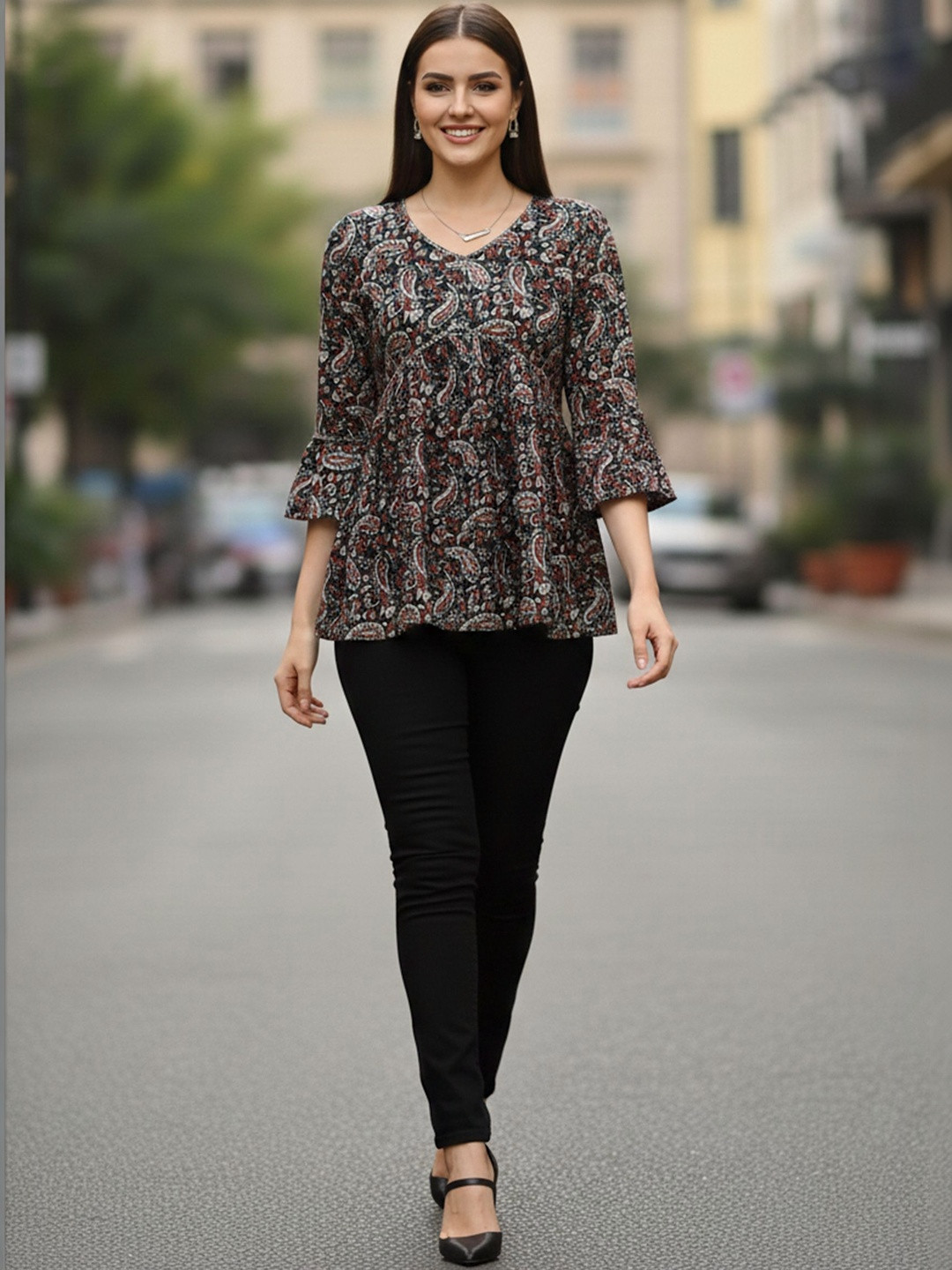 KALINI Floral Printed V-Neck Pure Cotton Blend Kurti