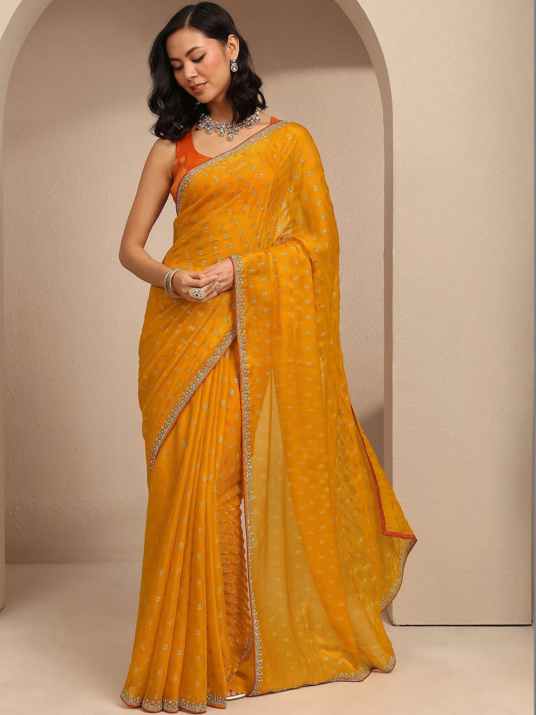 Libas Mustard Printed Saree With Unstitched Blouse Piece