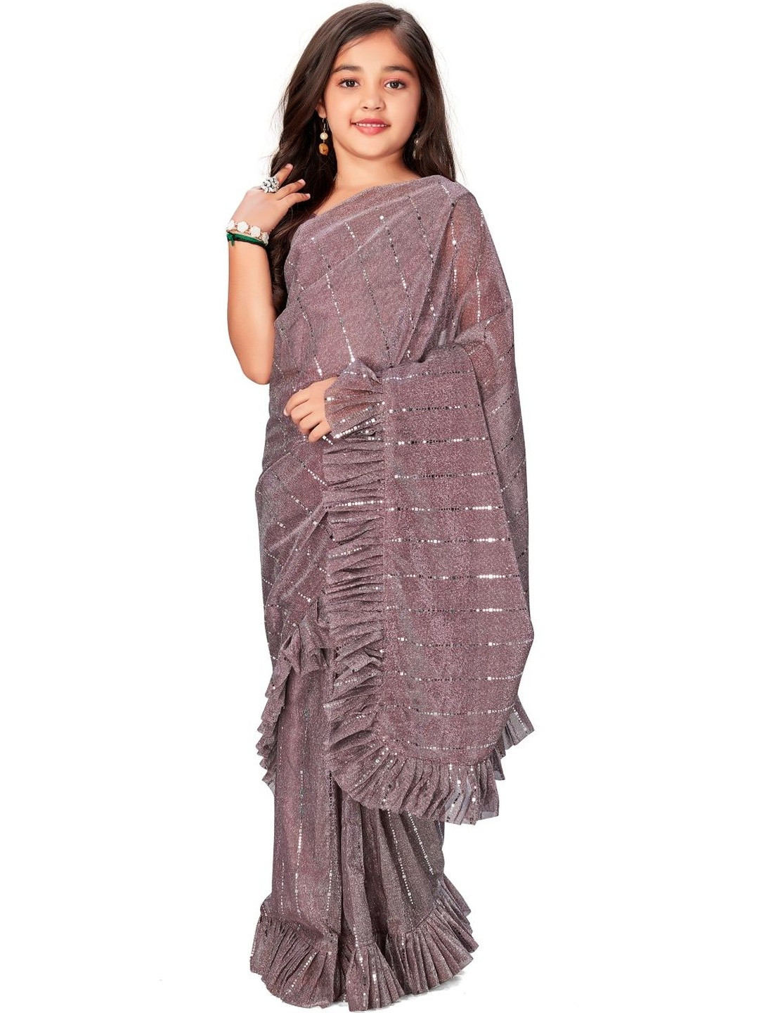 Sangria Girls Embellished Ruffle Ready To Wear Sarees