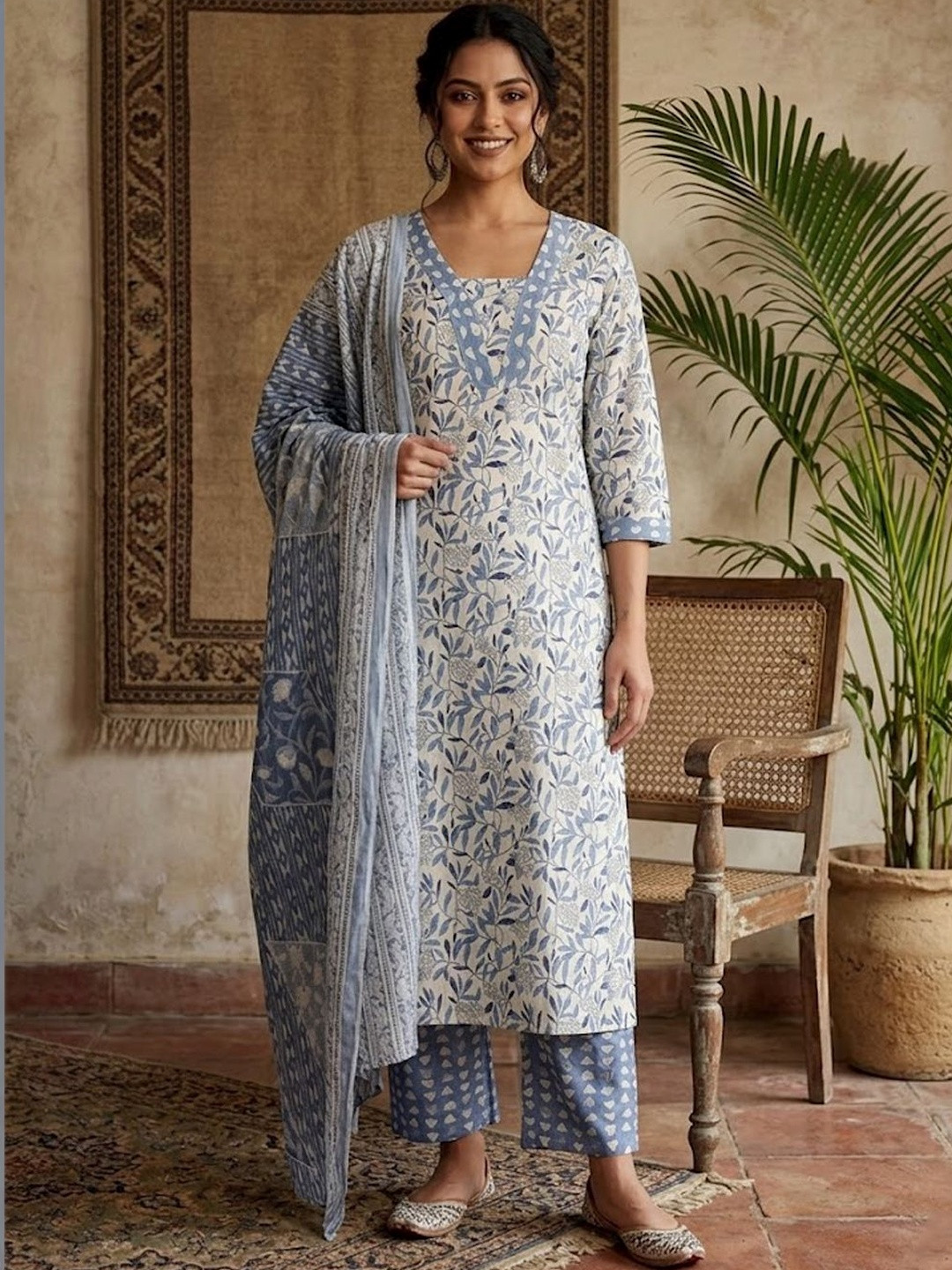 Sangria Printed Pure Cotton V-Neck Kurta & Trousers With Dupatta