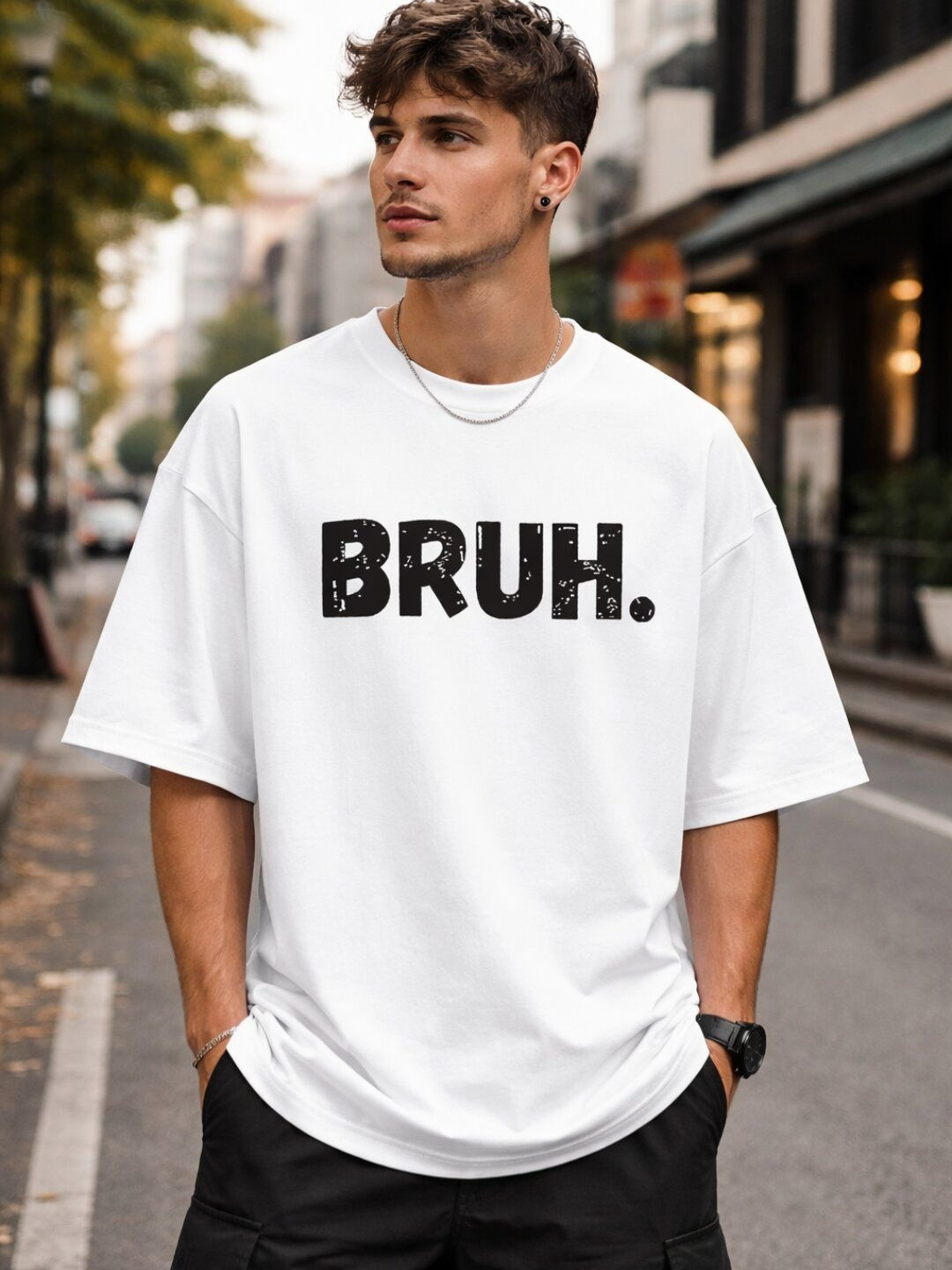 HASTEN Men Oversized Bruh Print Loose Fit Casual Cotton Tshirts