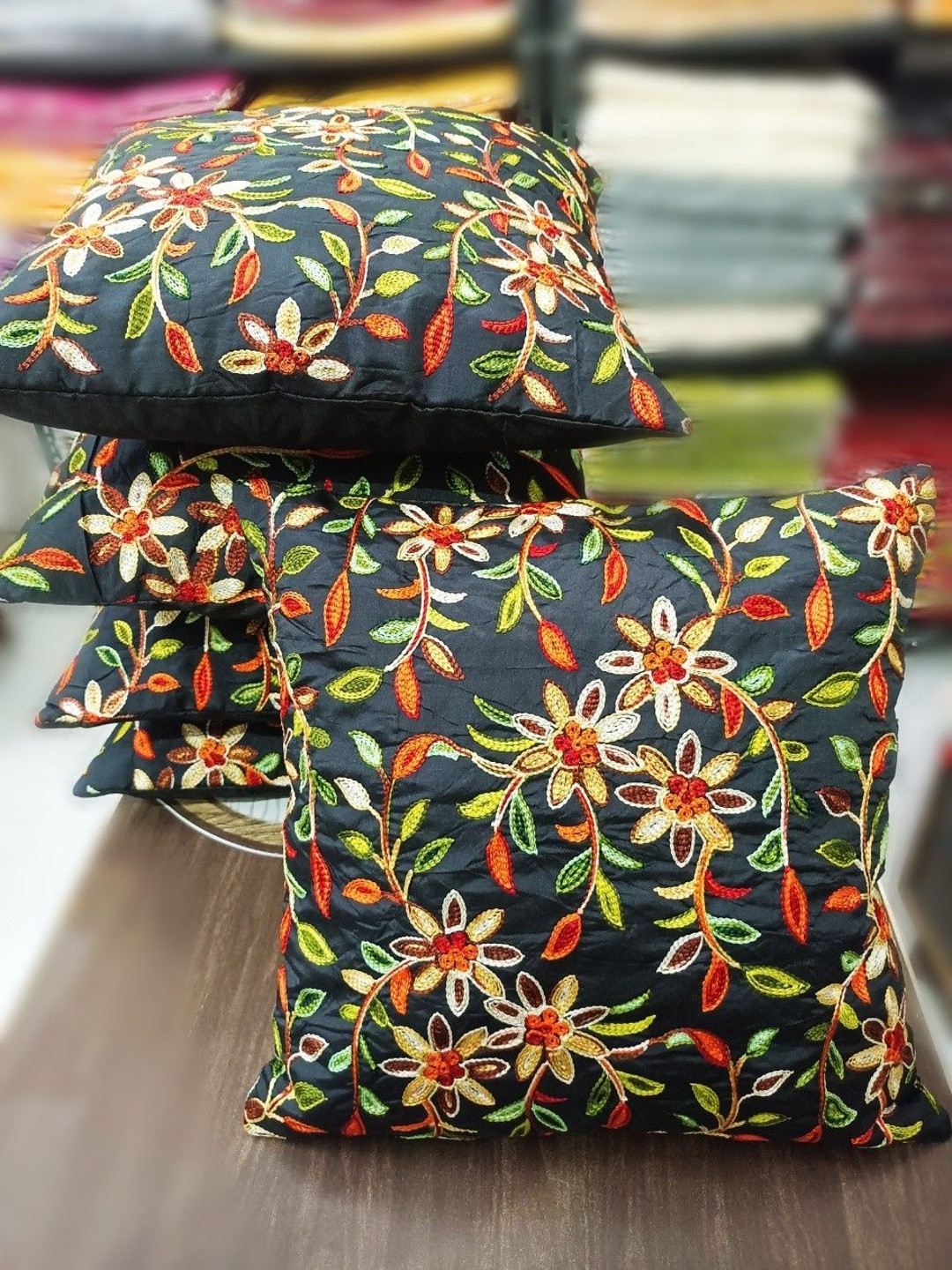 LOFEY Black Set of 5 Embroidered Square Cushion Covers