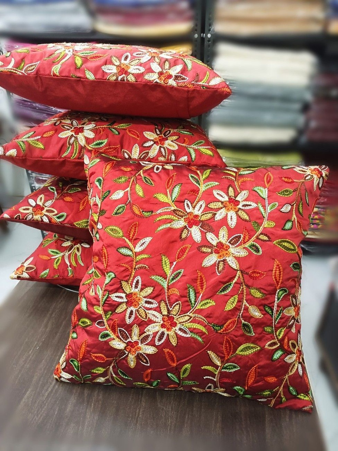LOFEY Maroon Set of 5 Embroidered Square Cushion Covers