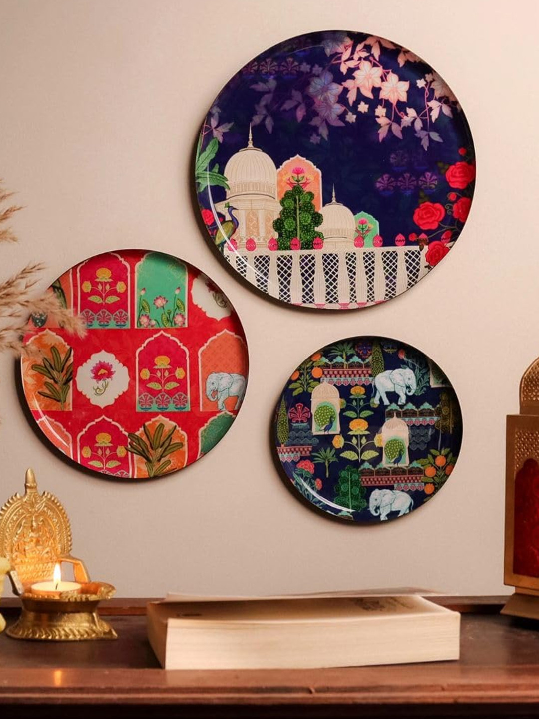 Ritualistic Vintage India Metal Floral Glossy Hanging Hall 3Pcs Wall Plates-12In