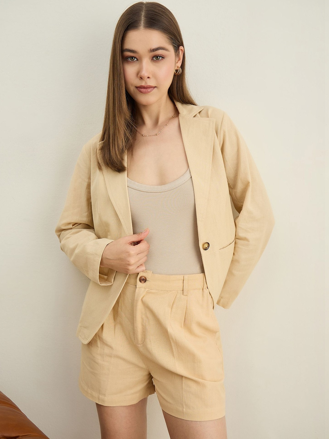 StyleStone Women's Beige Cotton Linen Blazer