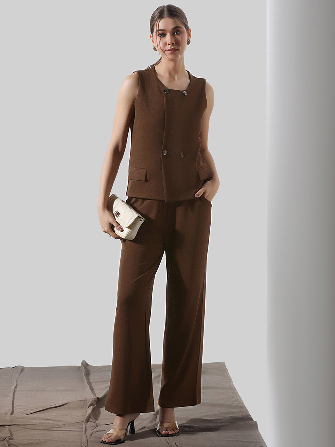 Brown Solid Vest Top with Trousers Set