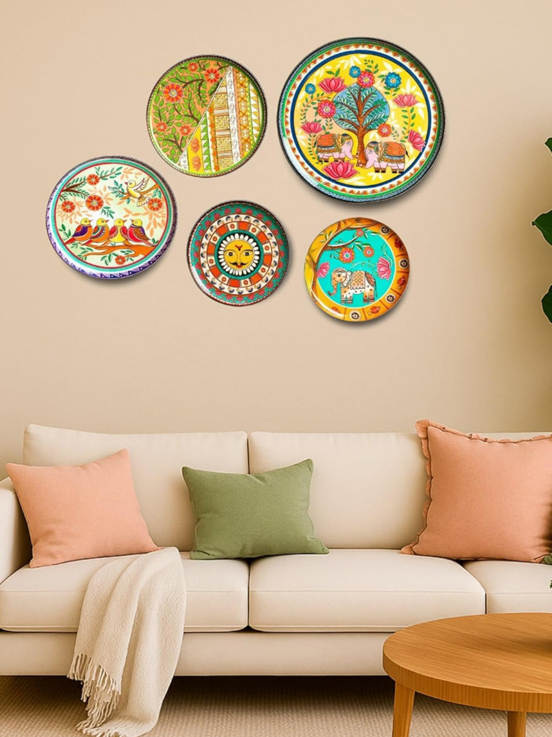 Ritualistic Mithila Madhubani Metal Ethnic Motifs Matte Hall 5Pcs Wall Plates-6.1In