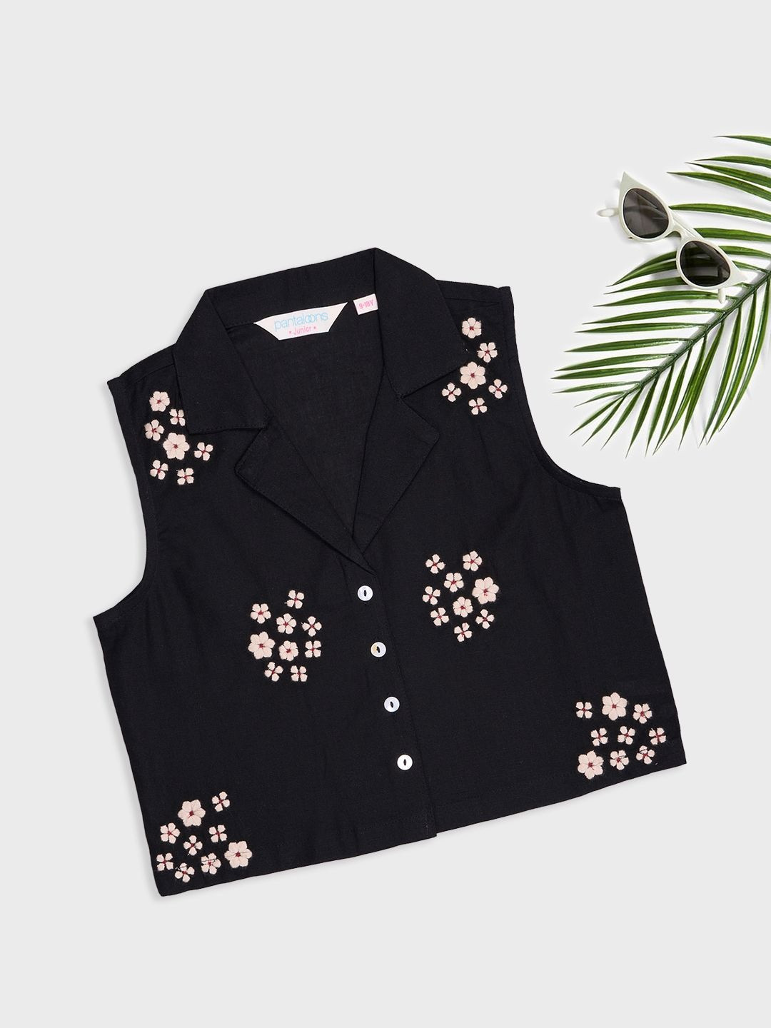 AKKRITI BY PANTALOONS Girls Floral Embroidered Pure Cotton Shirt Style Top