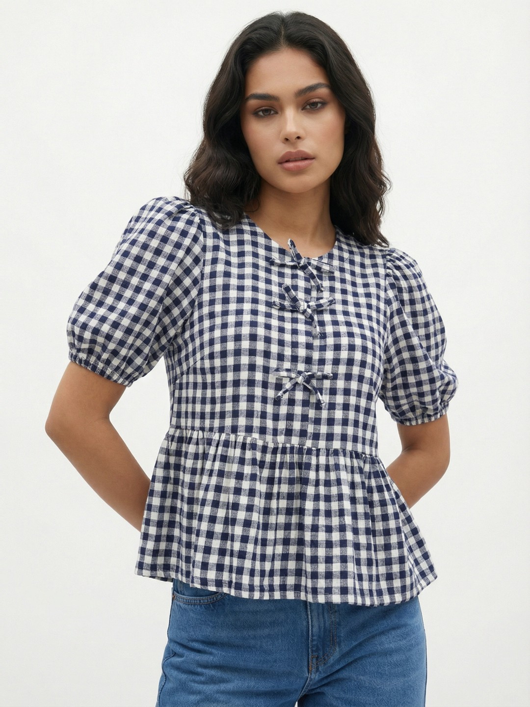 glitchez Checked Puff Sleeve Peplum Top