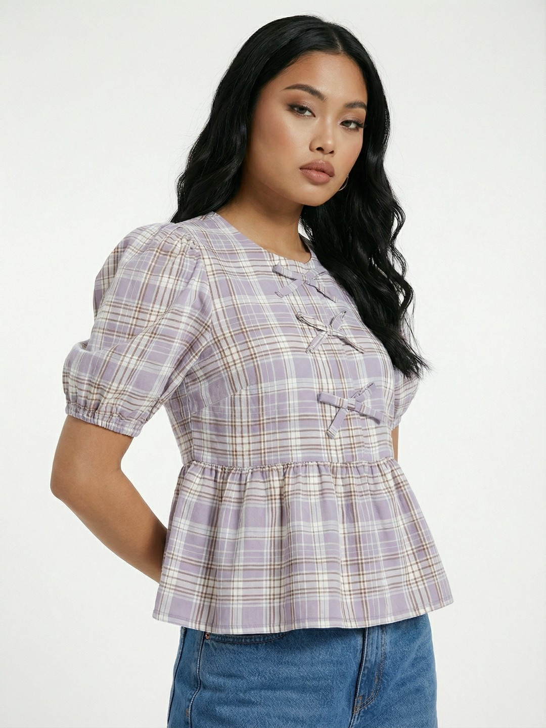 glitchez Checked Puff Sleeve Peplum Top