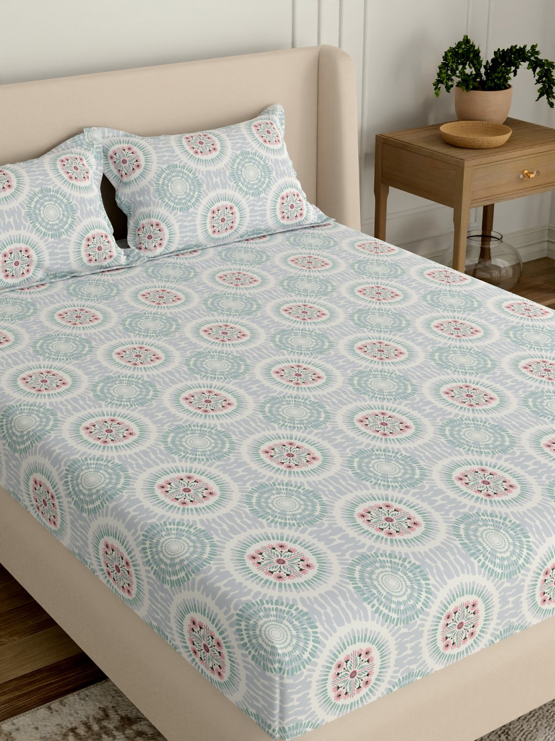 Portico Blue Floral 144 TC Bedsheet with 2 Pillow Covers
