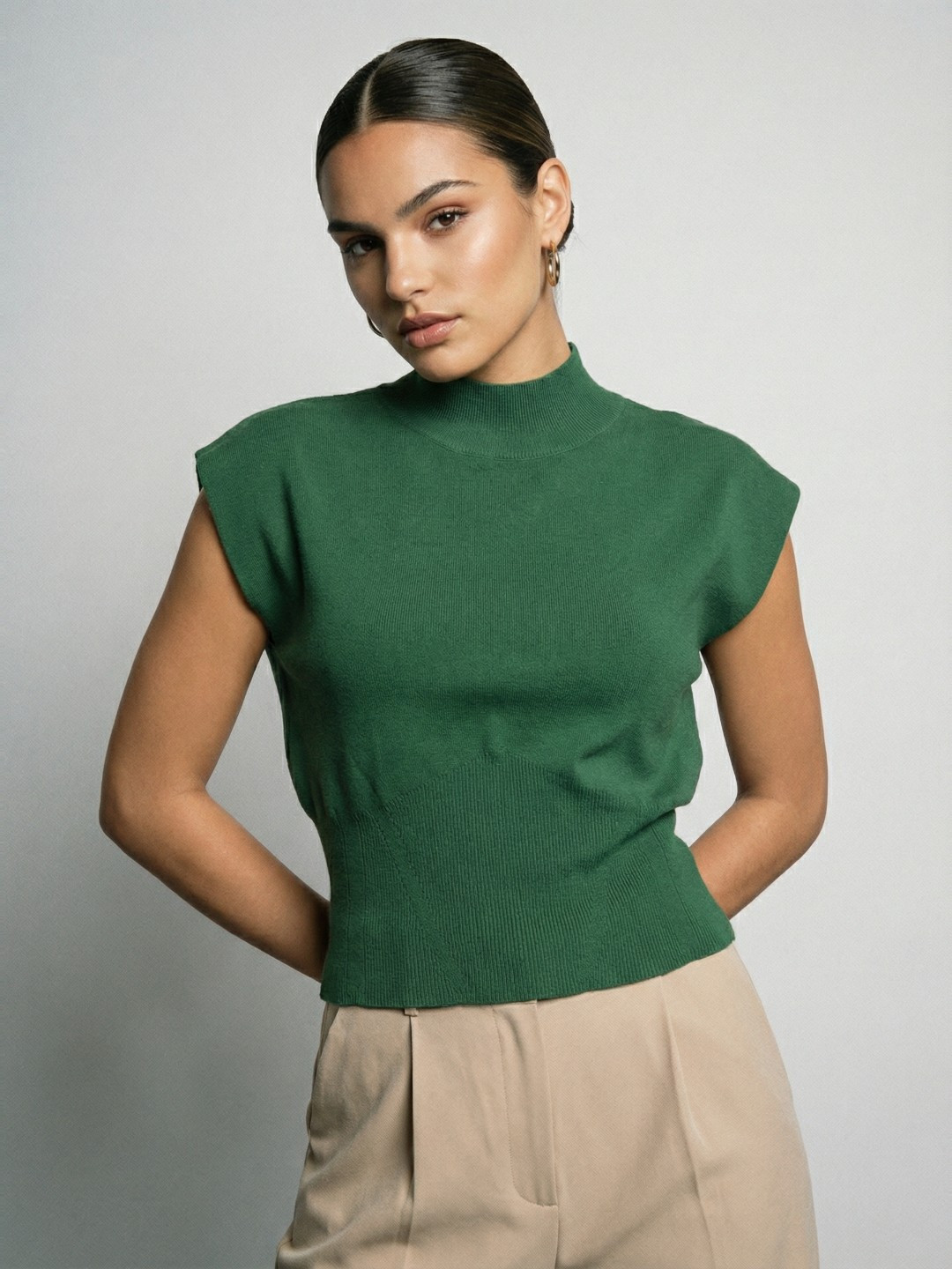Phosphorus High Neck Extended Sleeves Fine Knit Pure Cotton Top