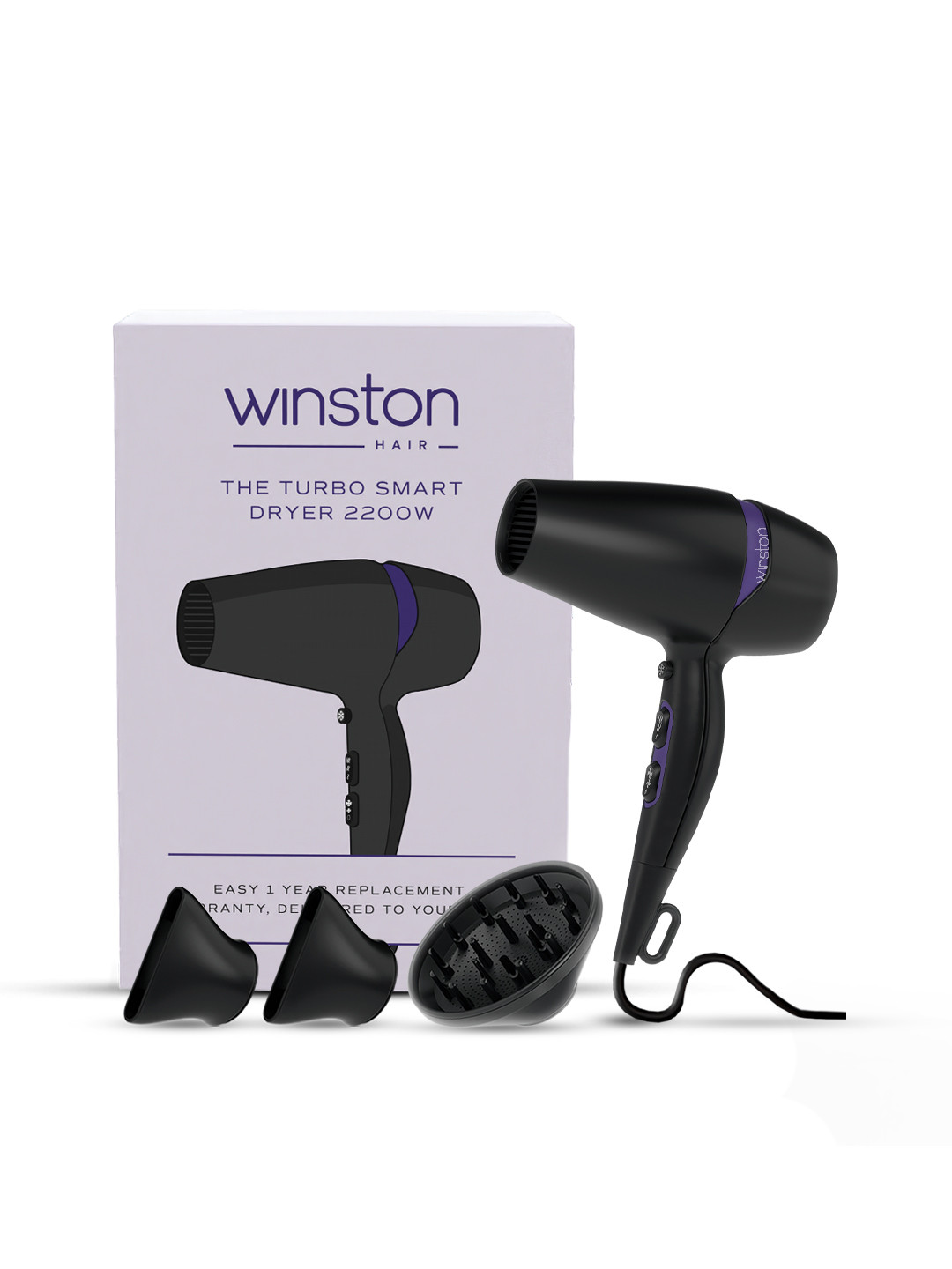 WINSTON Turbo Hair Dryer 2200w with Diffuser & Concentrator, 2 Speed/3 Settings