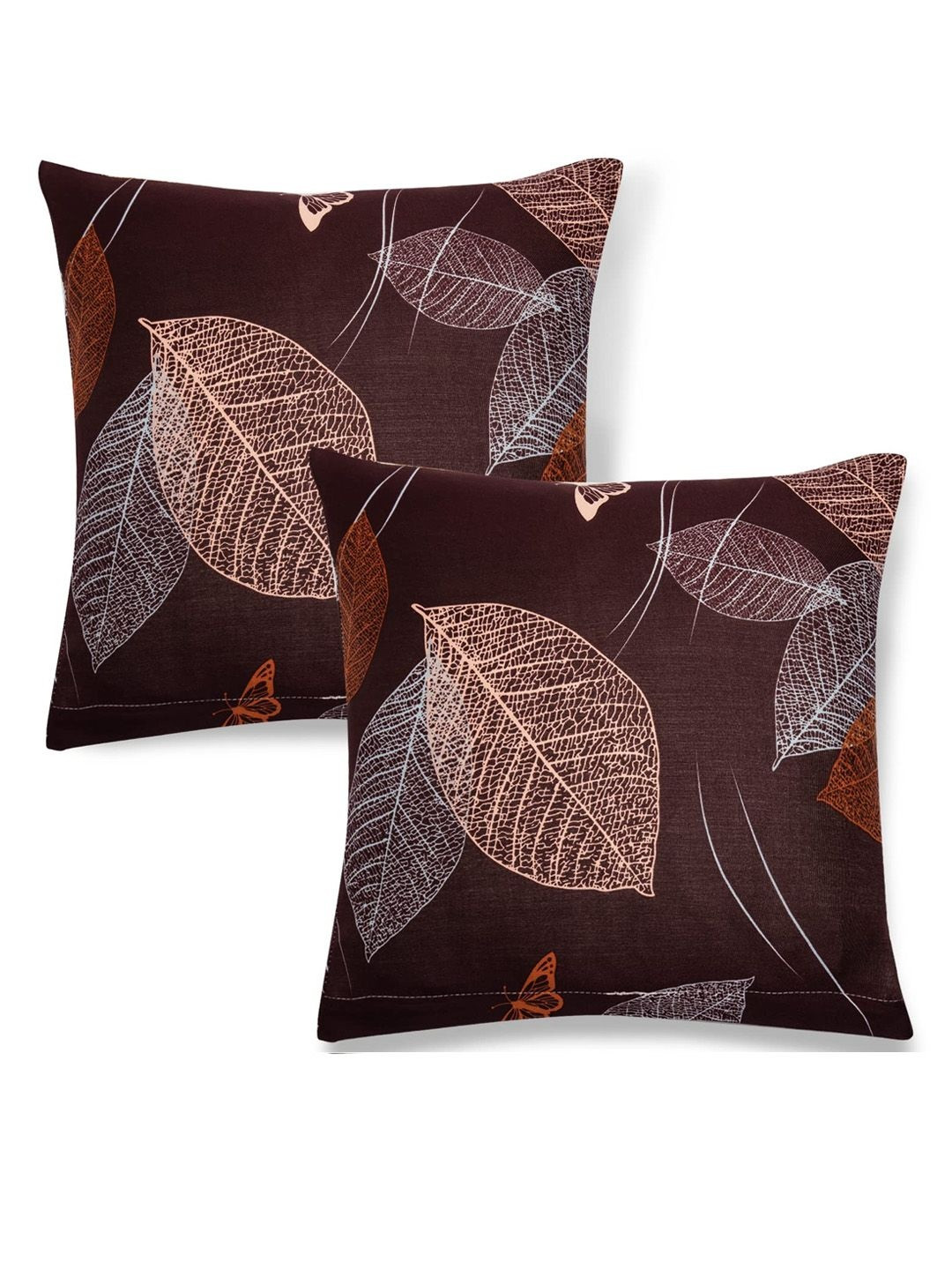 HOKIPO Dark Brown Leaf Stretchable Cushion Cover 16x16, Pack of 2