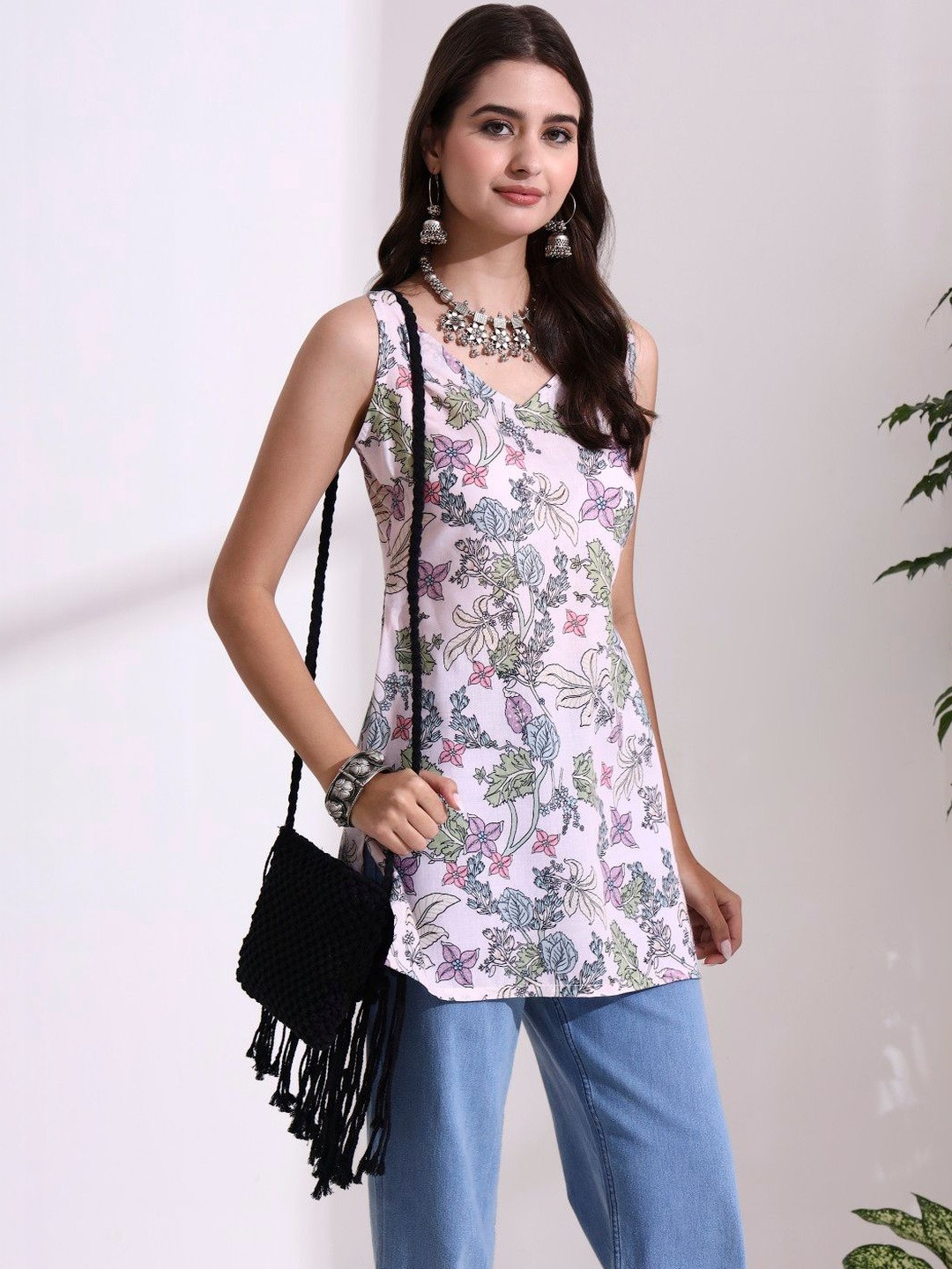 LUSIVA Floral Printed V-Neck Pure Cotton Blend Kurti