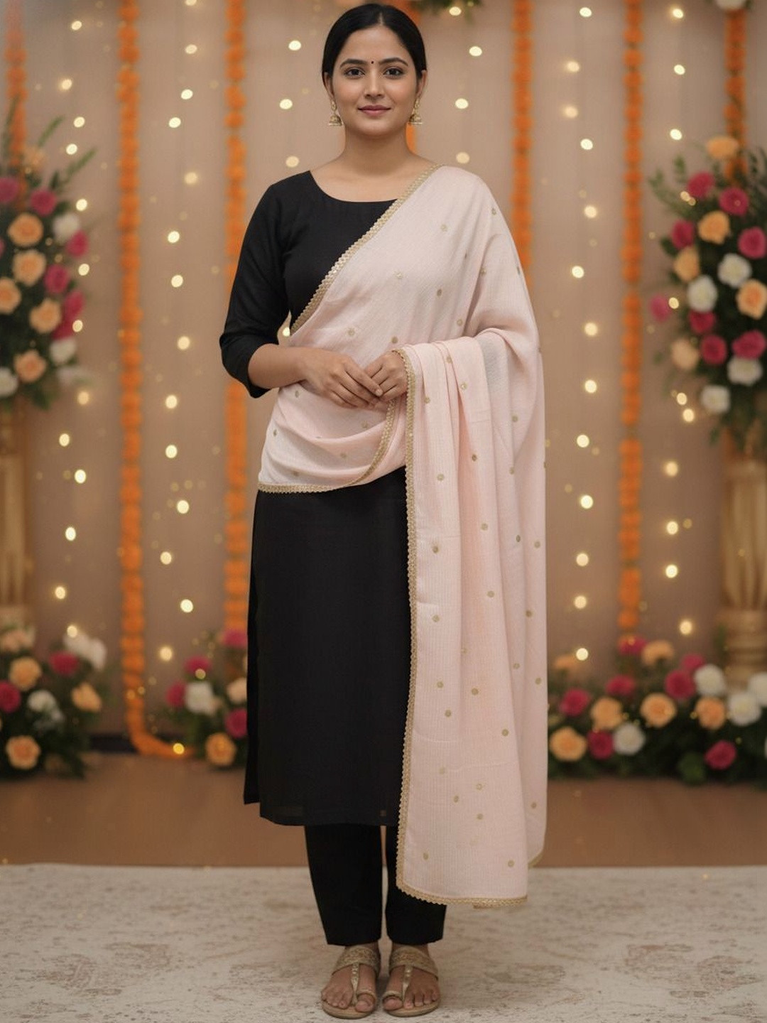 Komurr Woven Design Bandhani Sequinned Butti Lace Dupatta