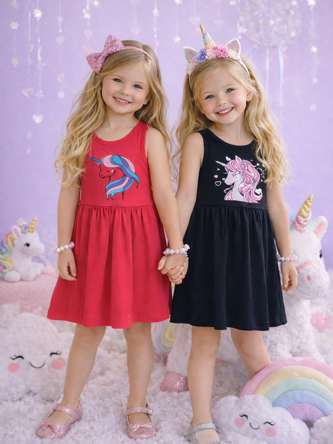 Fazza Girls Cotton Graphic Printed Round Neck A-Line Dress