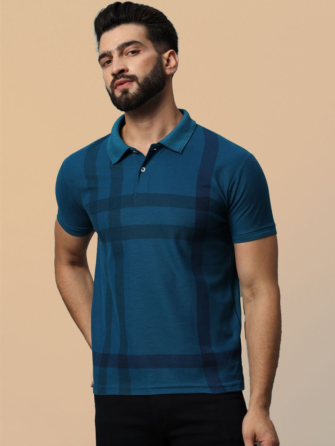Teal Checked Polo Collar T-shirt for Men