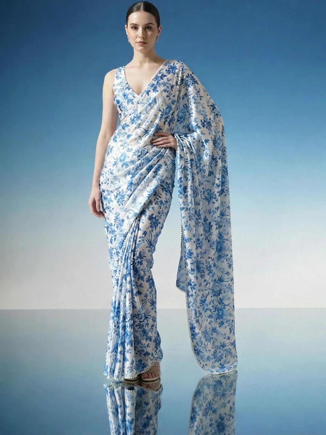Mitera Ready To wear Floral Satin Block Print Saree