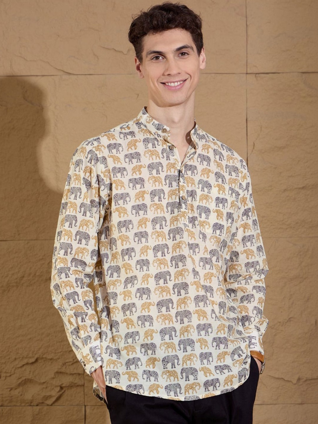 Deelmo Men Floral Printed Thread Work Kurta