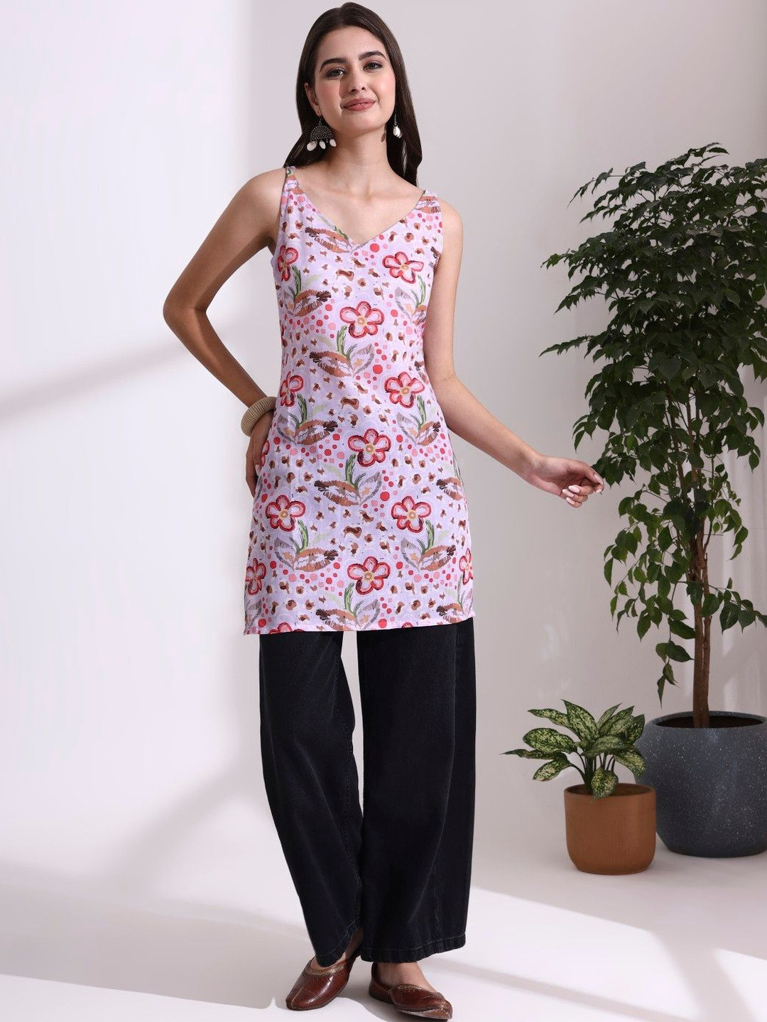 LUSIVA Floral Printed V-Neck Pure Cotton Kurti